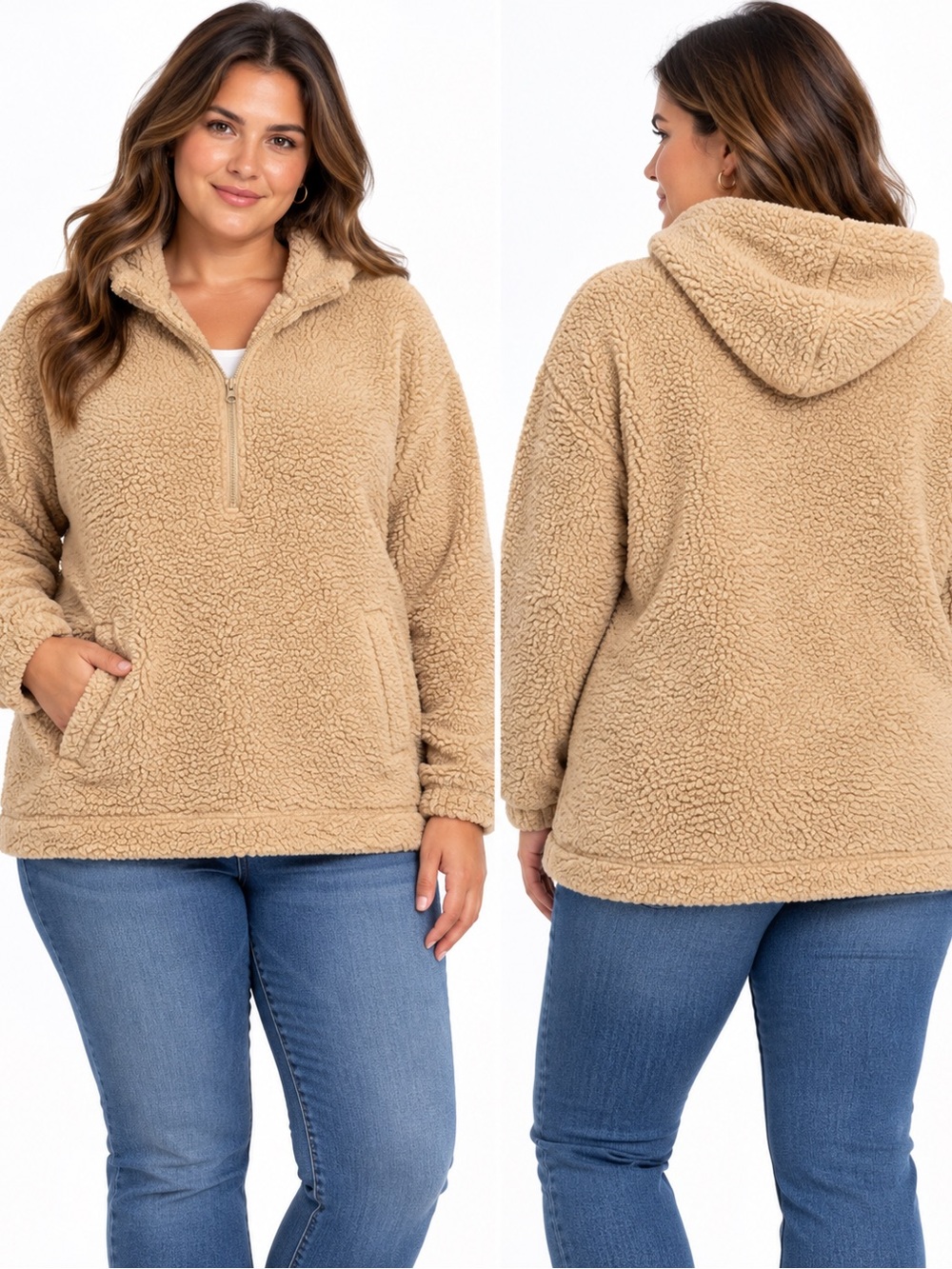 Koolaburra by UGG XL Oatmeal Sherpa Teddy Fleece 1/4 Zip Hooded Pullover